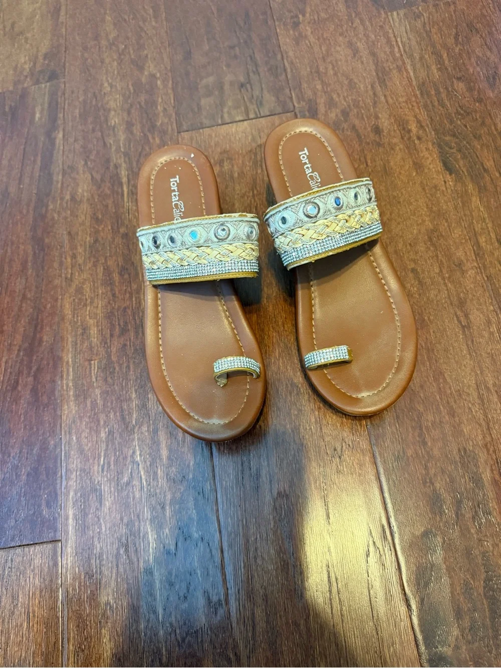 Embellished Tan Slide Wedge Sandals - Tortuga Bay